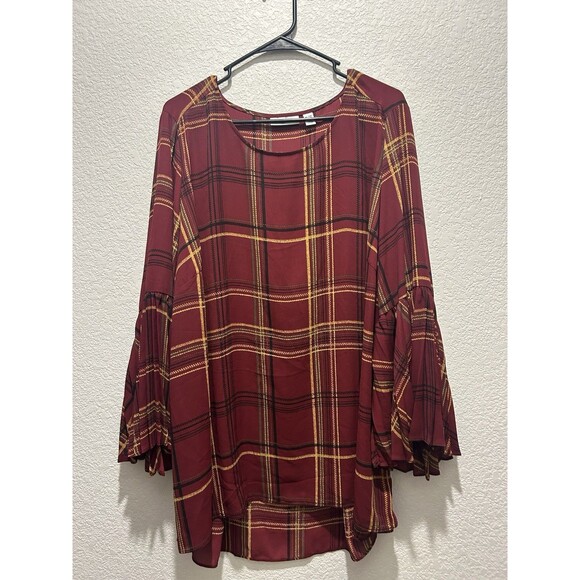 Susan Graver Blouse Top Size 22W Red Black Plaid Long Flutter Sleeves Business - Picture 1 of 7